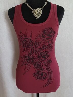 Harley-Davidson Burgundy Tank Top with Black Rose Graphic